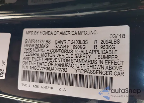 2018 Honda Accord Sport 2.0T из США, поврежденный, VIN 1HGCV2F36JA032752